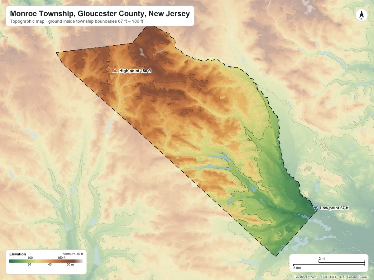 Topographic elevation map of Monroe Township, Gloucester County, New Jersey, shaded from 67 ft on the southeast side to 180 ft on the west side