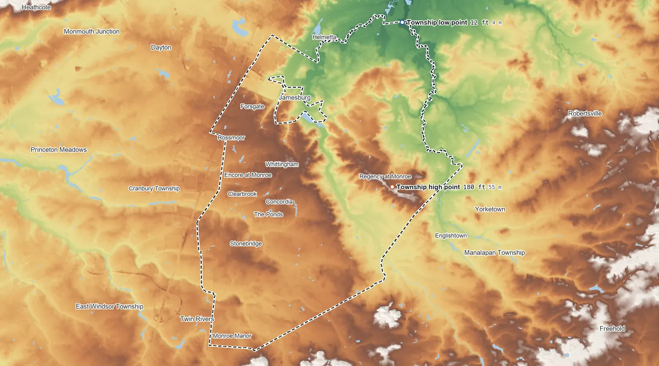 Topographic elevation map of Monroe Township, New Jersey, shaded from 12 ft on the northeast side to 180 ft on the east side