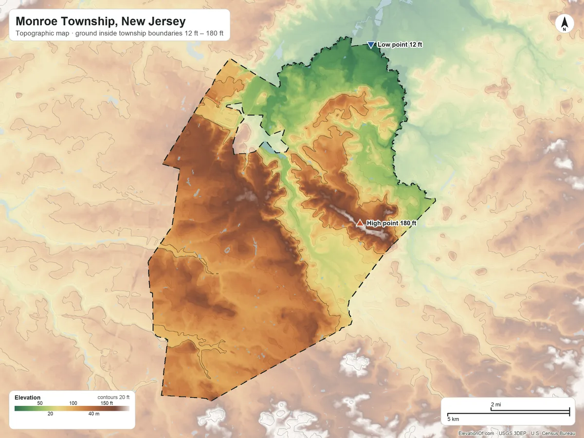 Topographic elevation map of Monroe Township, New Jersey, shaded from 12 ft on the northeast side to 180 ft on the east side