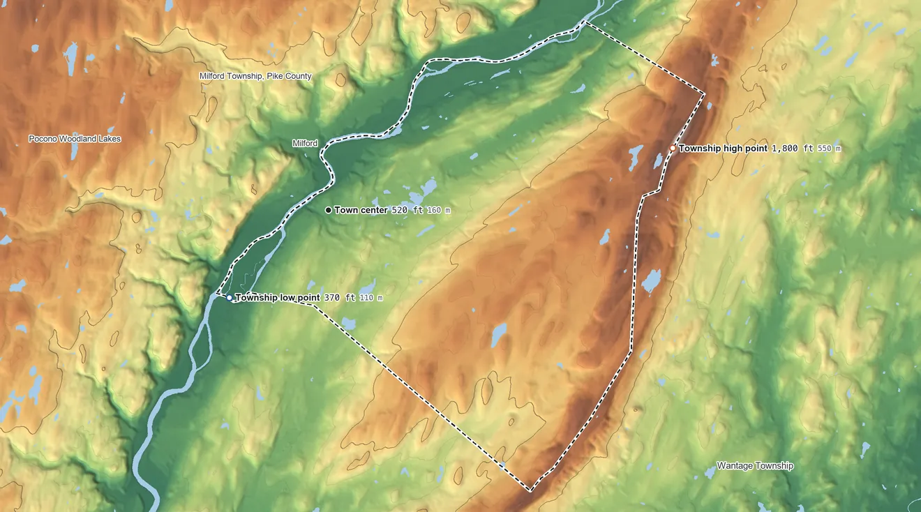 Topographic elevation map of Montague Township, New Jersey, shaded from 370 ft on the southwest side to 1,797 ft on Kittatinny Mountain