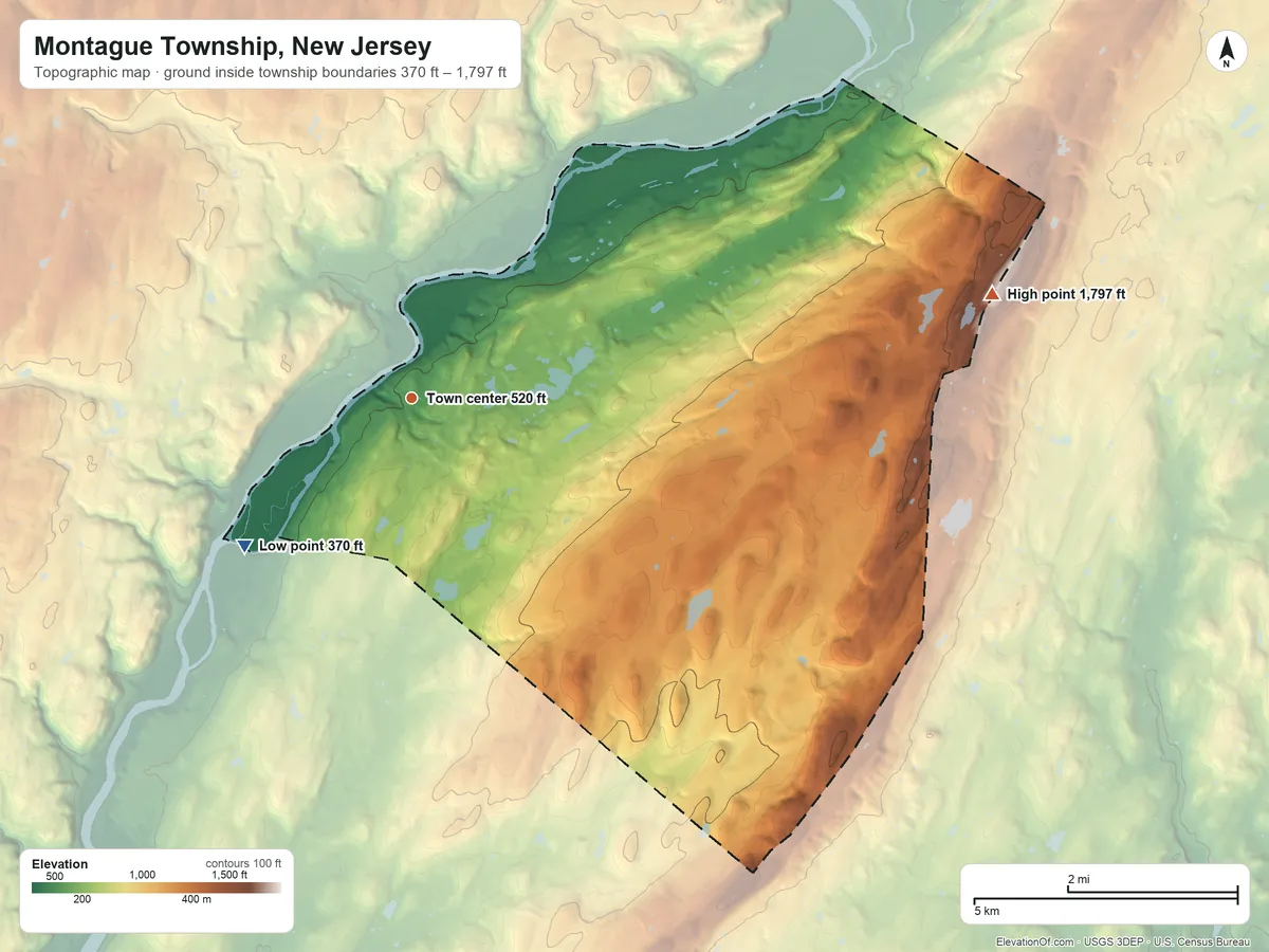 Topographic elevation map of Montague Township, New Jersey, shaded from 370 ft on the southwest side to 1,797 ft on Kittatinny Mountain