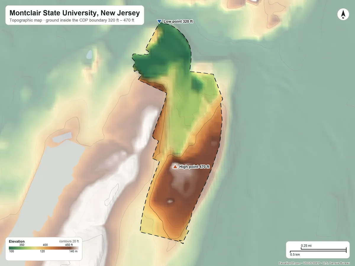 Topographic elevation map of Montclair State University, New Jersey, shaded from 320 ft on the north side to 470 ft on the south side