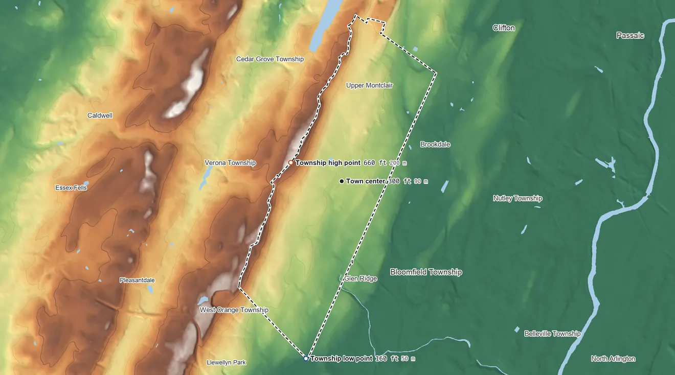 Topographic elevation map of Montclair Township, New Jersey, shaded from 160 ft on the south side to 660 ft on the west side
