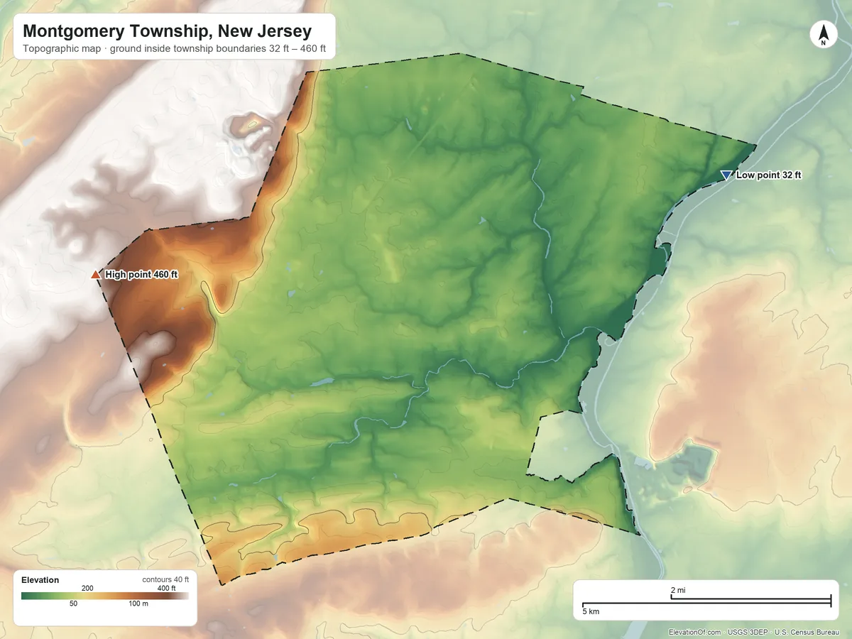 Topographic elevation map of Montgomery Township, New Jersey, shaded from 32 ft on the northeast side to 460 ft on the west side
