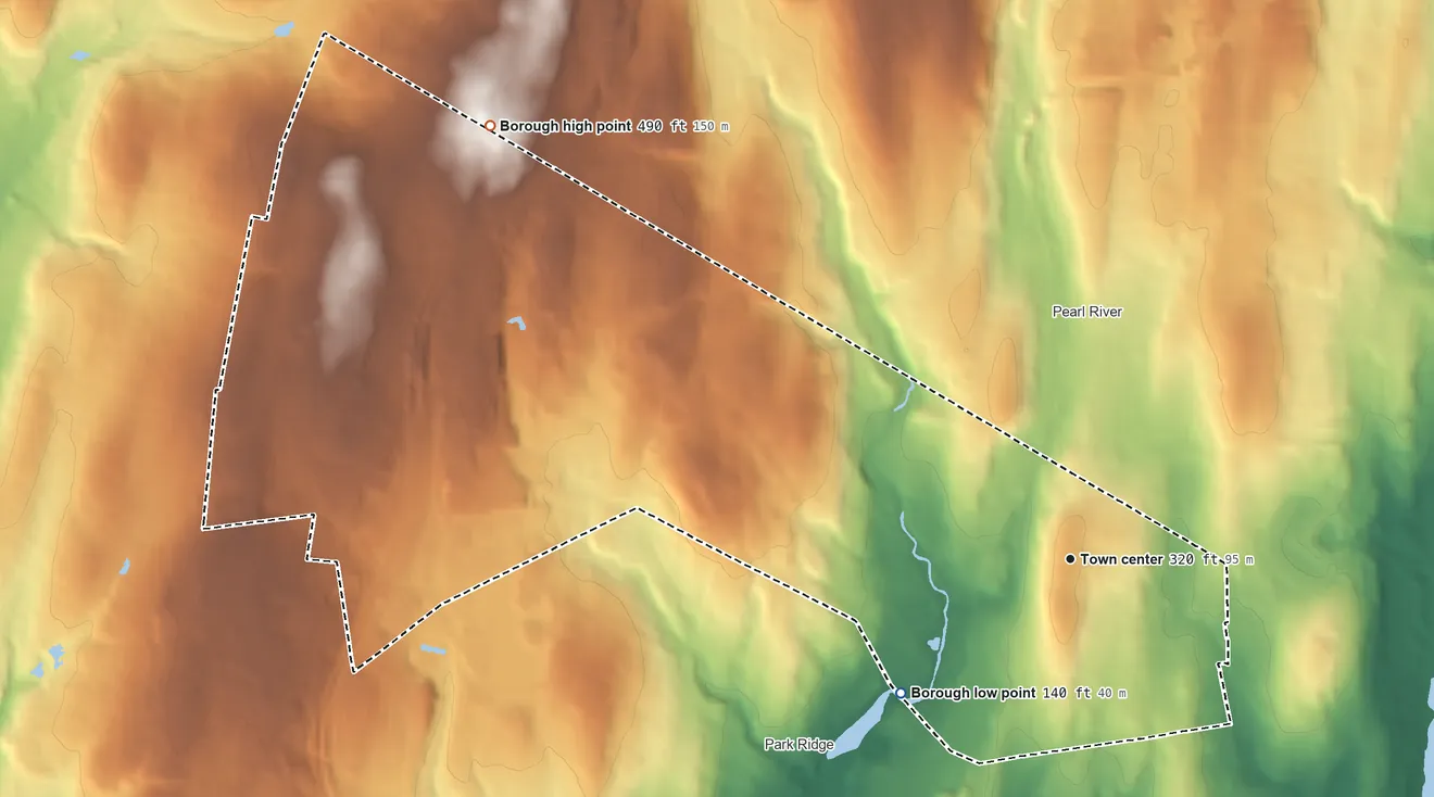 Topographic elevation map of Montvale, New Jersey, shaded from 140 ft on the southwest side to 490 ft on the northwest side