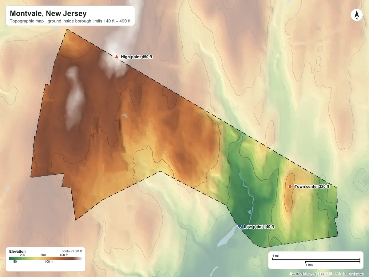 Topographic elevation map of Montvale, New Jersey, shaded from 140 ft on the southwest side to 490 ft on the northwest side