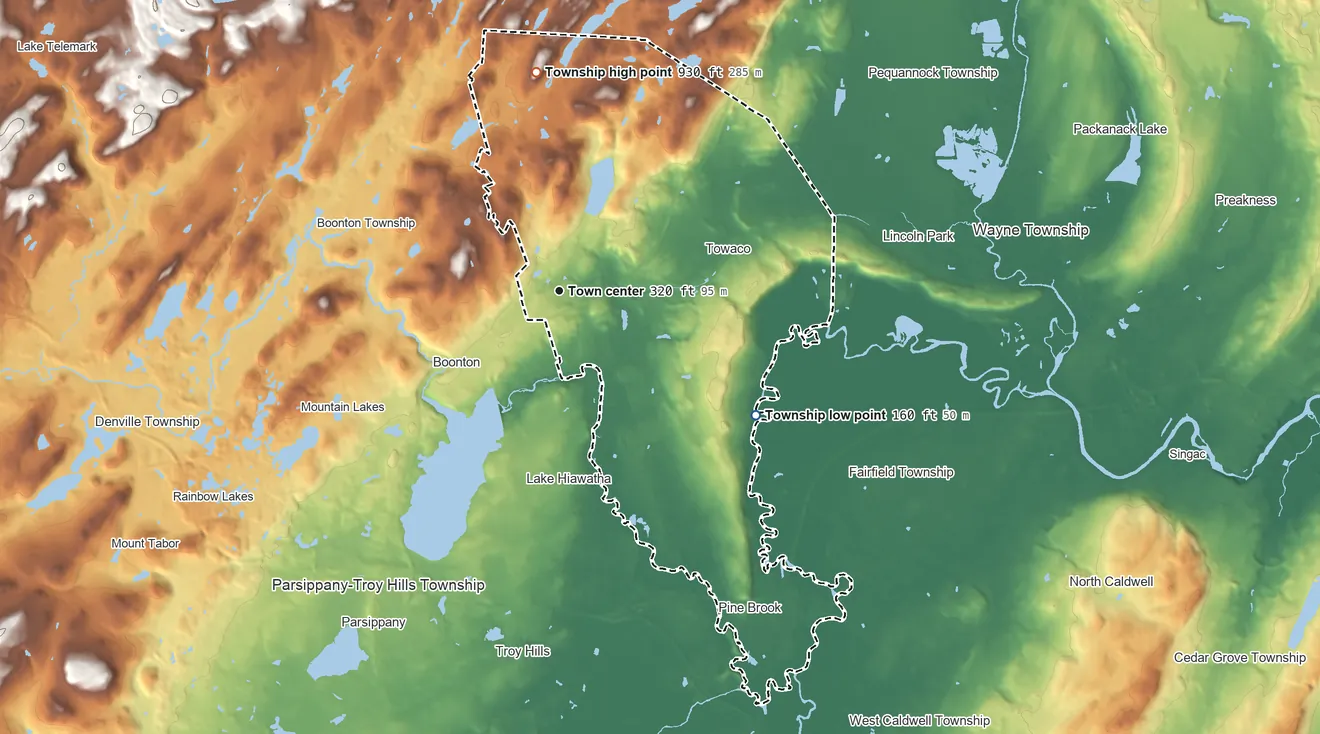 Topographic elevation map of Montville Township, New Jersey, shaded from 160 ft on the southeast side to 930 ft on Pyramid Mountain