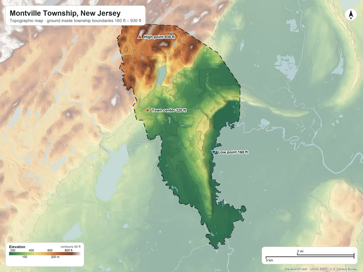 Topographic elevation map of Montville Township, New Jersey, shaded from 160 ft on the southeast side to 930 ft on Pyramid Mountain