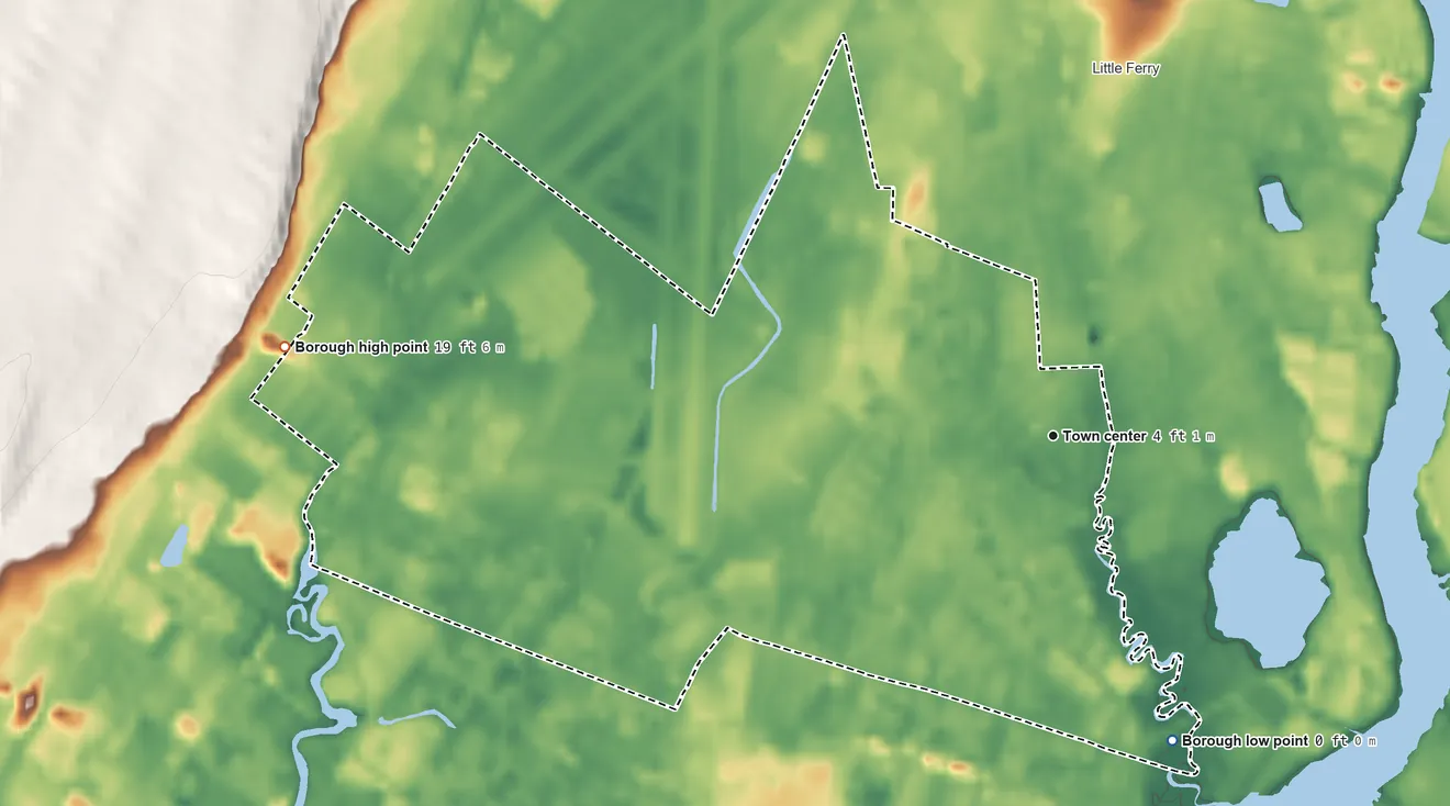 Topographic elevation map of Moonachie, New Jersey, shaded from 0 ft on the south side to 19 ft on the west side