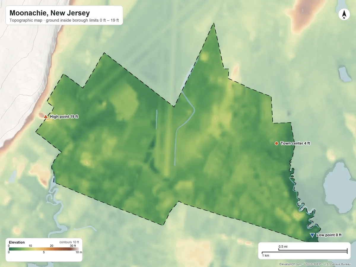 Topographic elevation map of Moonachie, New Jersey, shaded from 0 ft on the south side to 19 ft on the west side