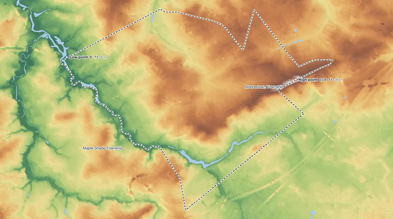 Topographic elevation map of Moorestown-Lenola, New Jersey, shaded from 0 ft on the west side to 110 ft on the east side