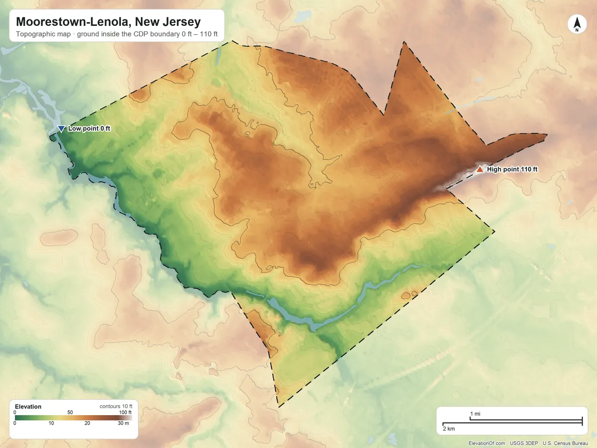 Topographic elevation map of Moorestown-Lenola, New Jersey, shaded from 0 ft on the west side to 110 ft on the east side
