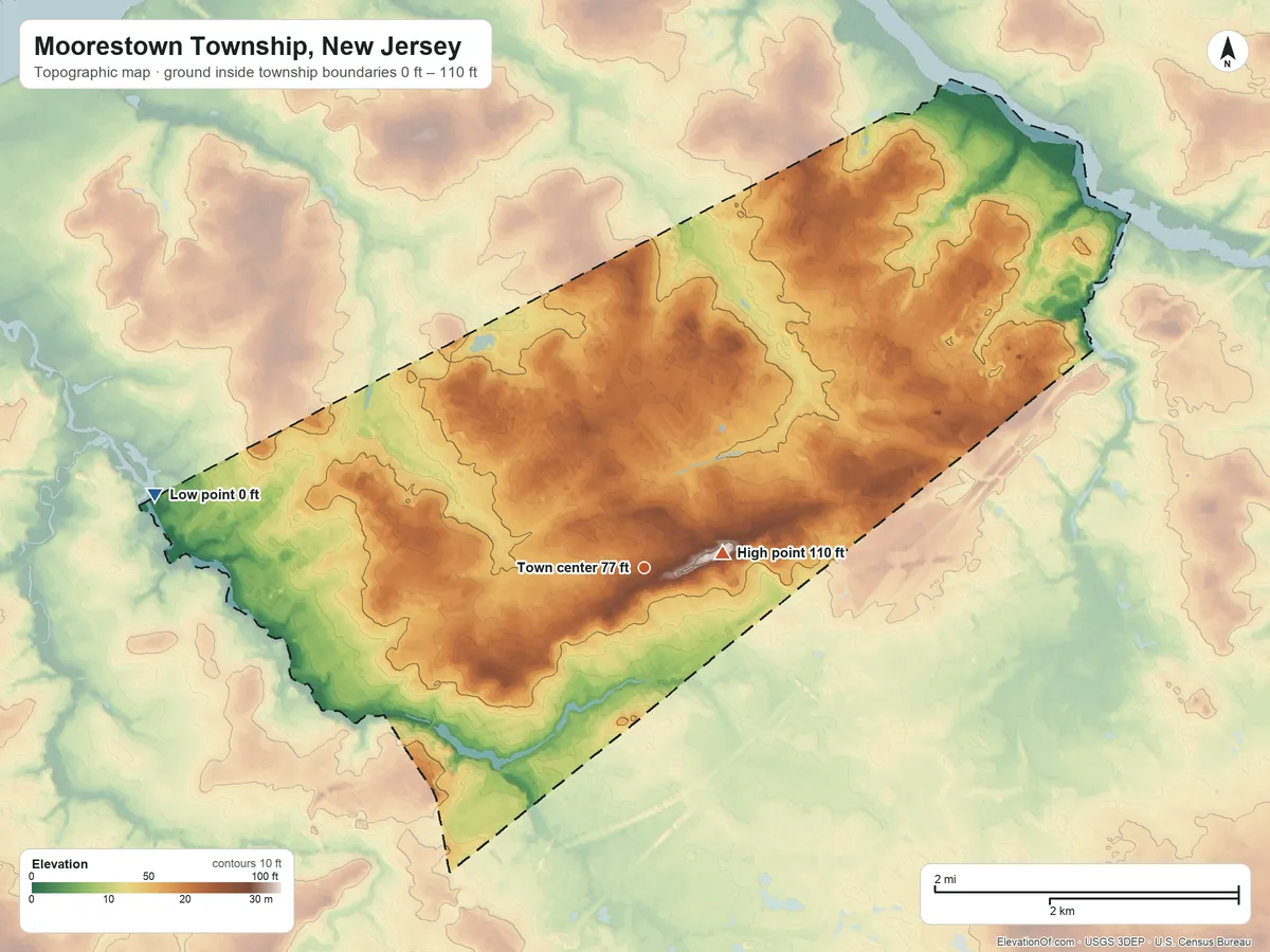 Topographic elevation map of Moorestown Township, New Jersey, shaded from 0 ft on the west side to 110 ft near the middle