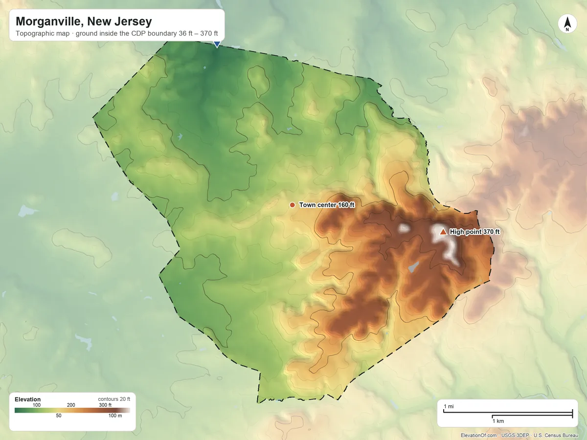Topographic elevation map of Morganville, New Jersey, shaded from 36 ft on the northwest side to 370 ft on the east side
