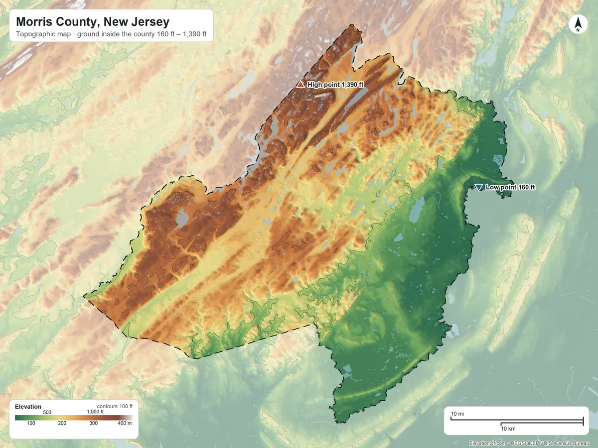 Topographic elevation map of Morris County, New Jersey, shaded from 160 ft on the east side to 1,390 ft on the north side