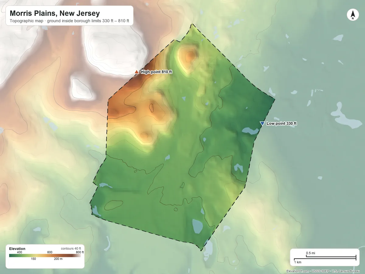 Topographic elevation map of Morris Plains, New Jersey, shaded from 330 ft on the east side to 810 ft on the north side