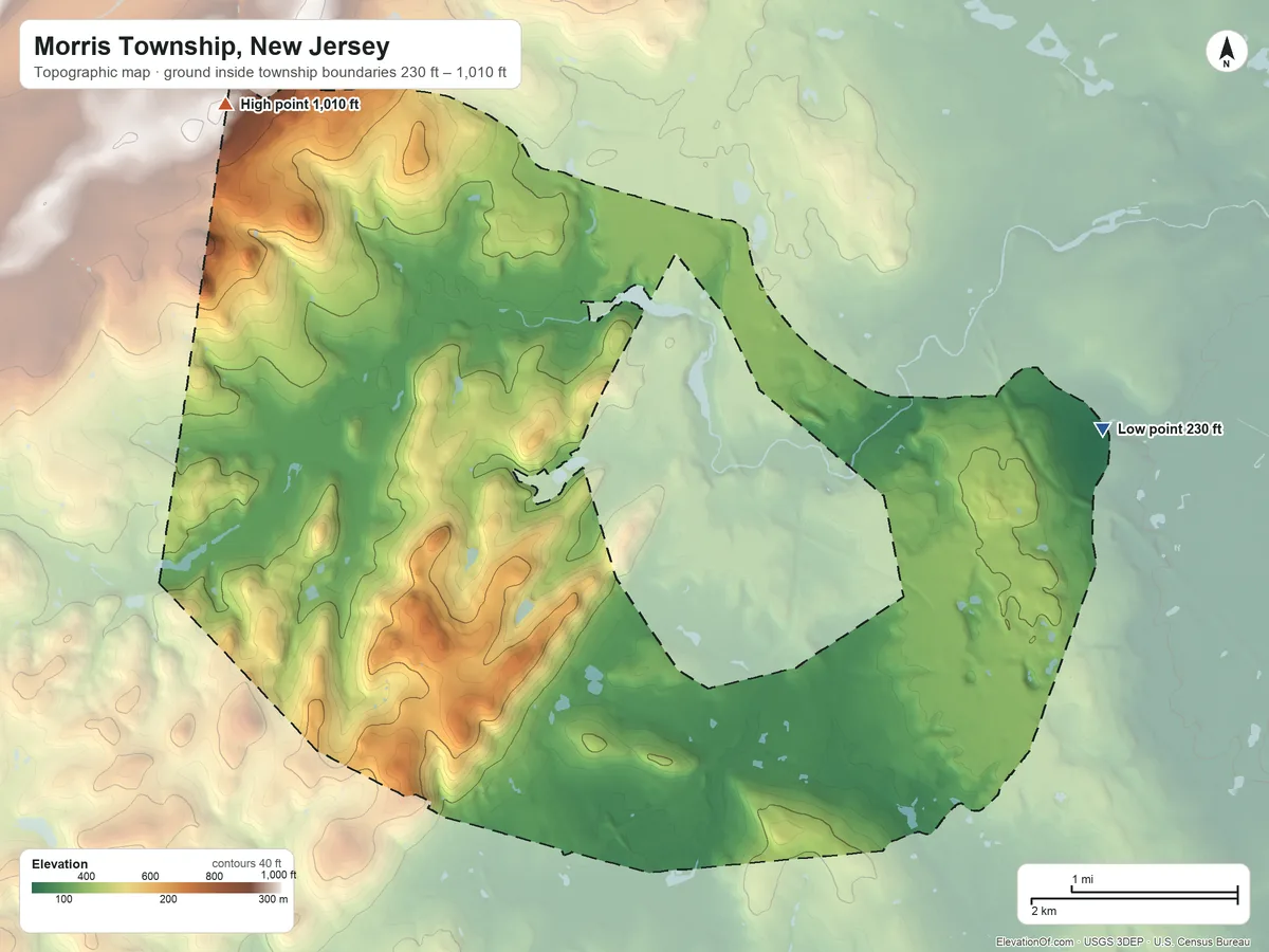 Topographic elevation map of Morris Township, New Jersey, shaded from 230 ft on the east side to 1,010 ft on the northwest side