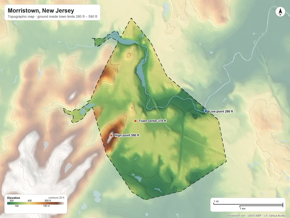 Topographic elevation map of Morristown, New Jersey, shaded from 280 ft on the east side to 590 ft on Fort Nonsense Hill