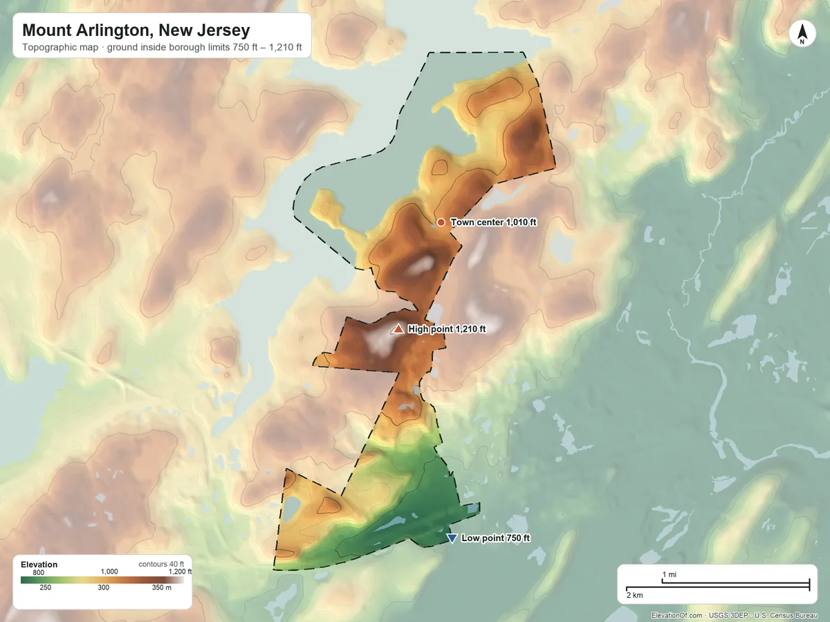 Topographic elevation map of Mount Arlington, New Jersey, shaded from 750 ft on the south side to 1,210 ft on the south side