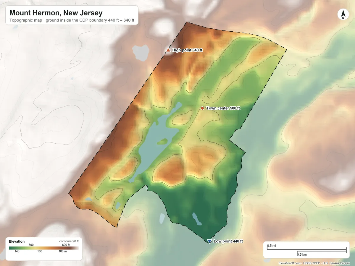 Topographic elevation map of Mount Hermon, New Jersey, shaded from 440 ft on the south side to 640 ft on the northwest side
