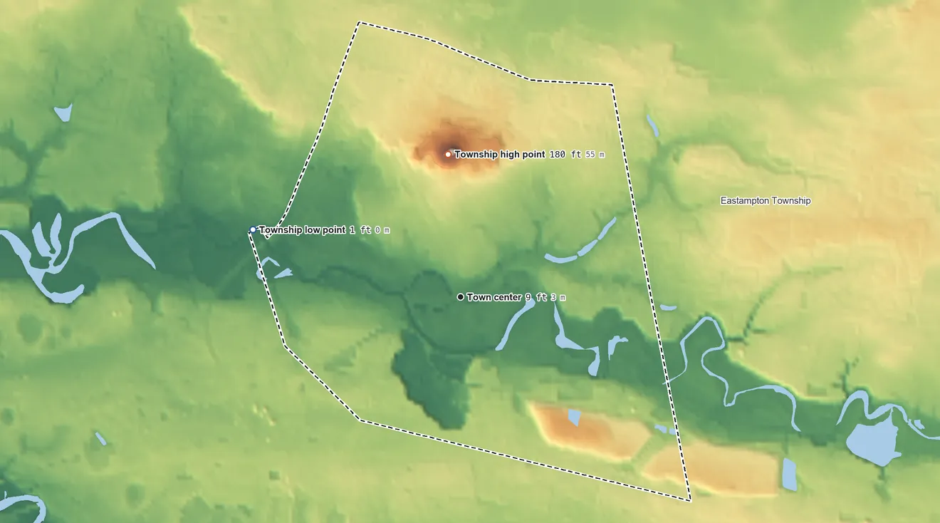 Topographic elevation map of Mount Holly Township, New Jersey, shaded from 1 ft on the west side to 180 ft on Mount Holly