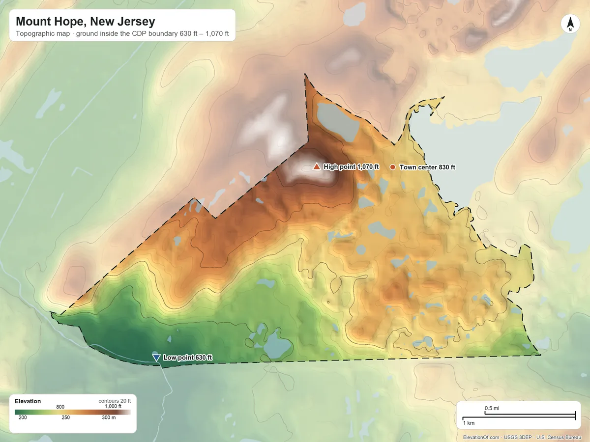 Topographic elevation map of Mount Hope, New Jersey, shaded from 630 ft on the southwest side to 1,070 ft on the west side
