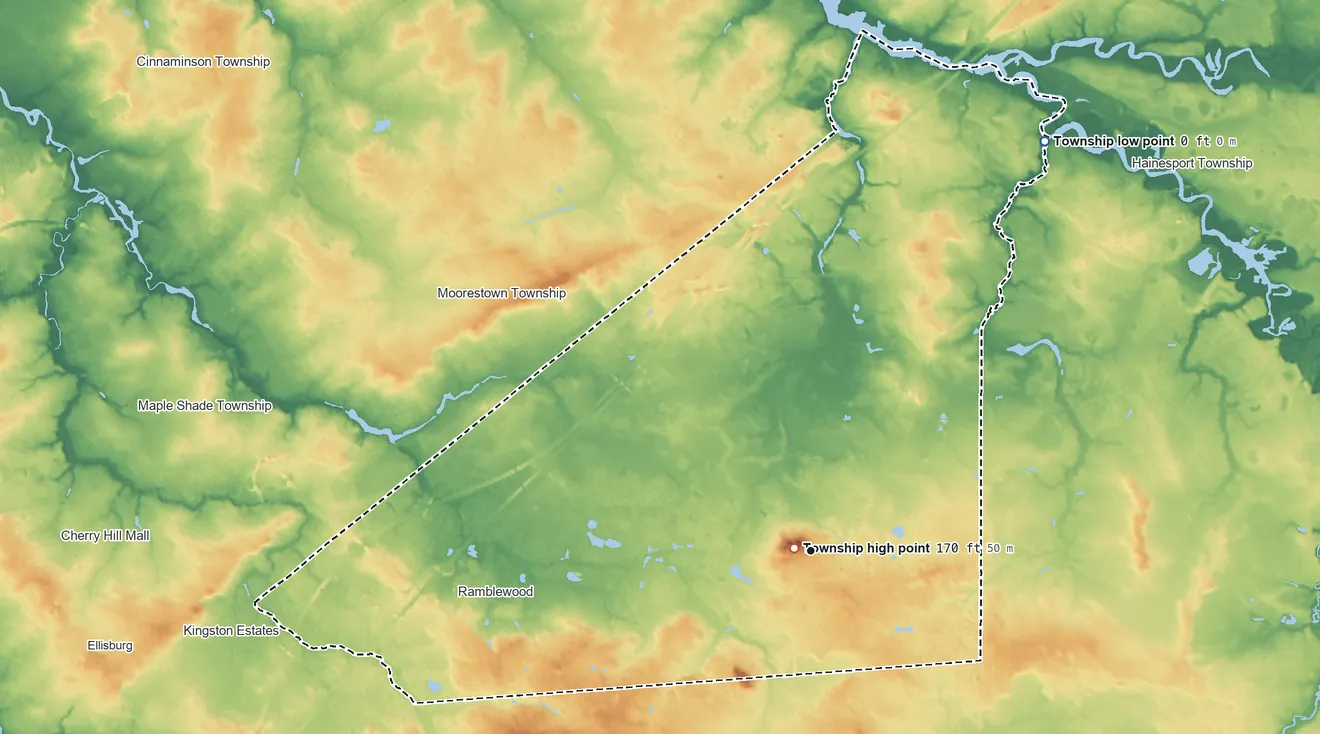 Topographic elevation map of Mount Laurel Township, New Jersey, shaded from 0 ft on the northeast side to 170 ft on Mount Laurel