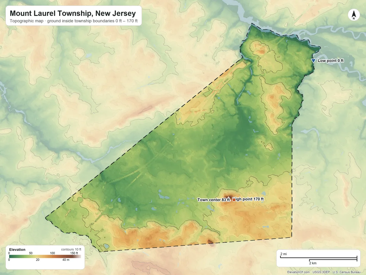 Topographic elevation map of Mount Laurel Township, New Jersey, shaded from 0 ft on the northeast side to 170 ft on Mount Laurel