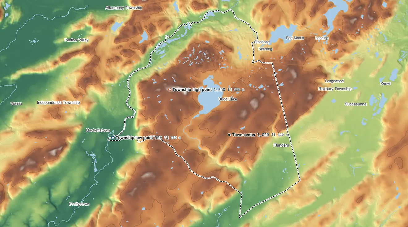 Topographic elevation map of Mount Olive Township, New Jersey, shaded from 520 ft on the west side to 1,250 ft on the northwest side