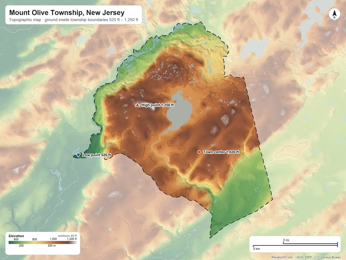 Topographic elevation map of Mount Olive Township, New Jersey, shaded from 520 ft on the west side to 1,250 ft on the northwest side