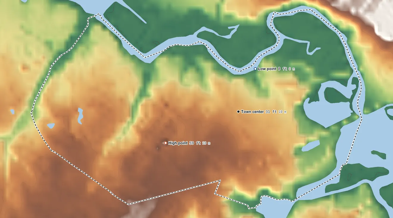 Topographic elevation map of Mount Royal, New Jersey, shaded from 0 ft on the north side to 59 ft on the southwest side