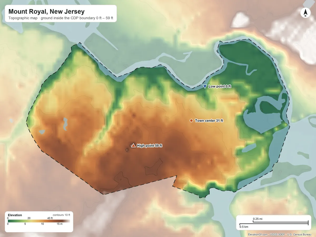 Topographic elevation map of Mount Royal, New Jersey, shaded from 0 ft on the north side to 59 ft on the southwest side