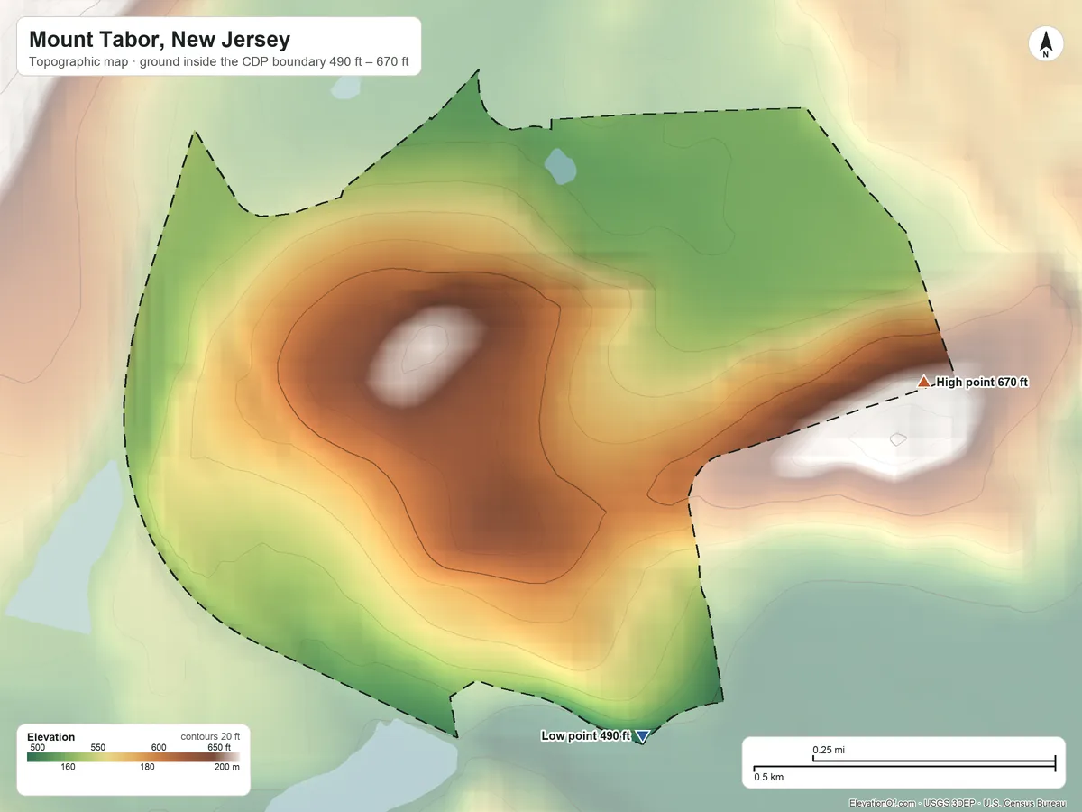 Topographic elevation map of Mount Tabor, New Jersey, shaded from 490 ft on the southeast side to 670 ft on the east side