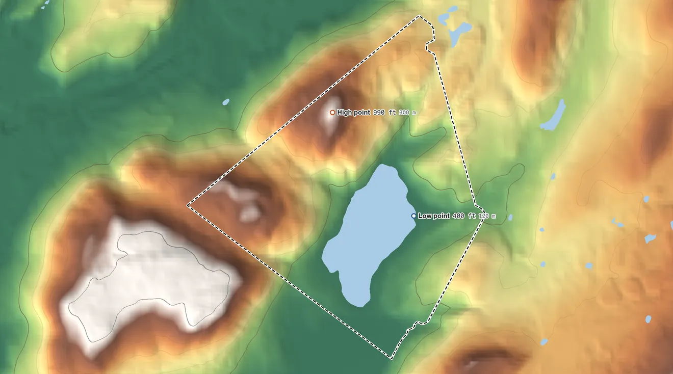Topographic elevation map of Mountain Lake, New Jersey, shaded from 400 ft on the northeast side to 990 ft on the north side