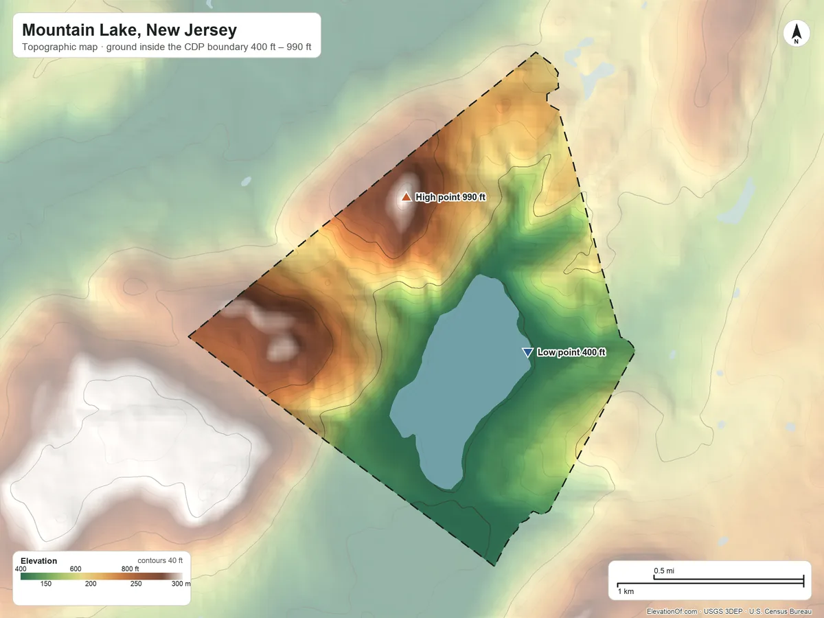 Topographic elevation map of Mountain Lake, New Jersey, shaded from 400 ft on the northeast side to 990 ft on the north side