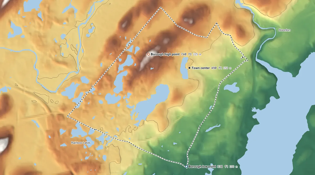 Topographic elevation map of Mountain Lakes, New Jersey, shaded from 330 ft on the south side to 740 ft on the west side