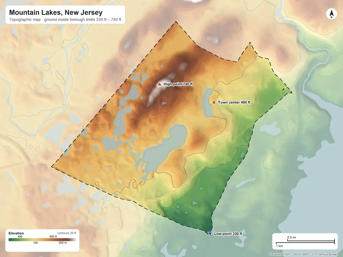 Topographic elevation map of Mountain Lakes, New Jersey, shaded from 330 ft on the south side to 740 ft on the west side