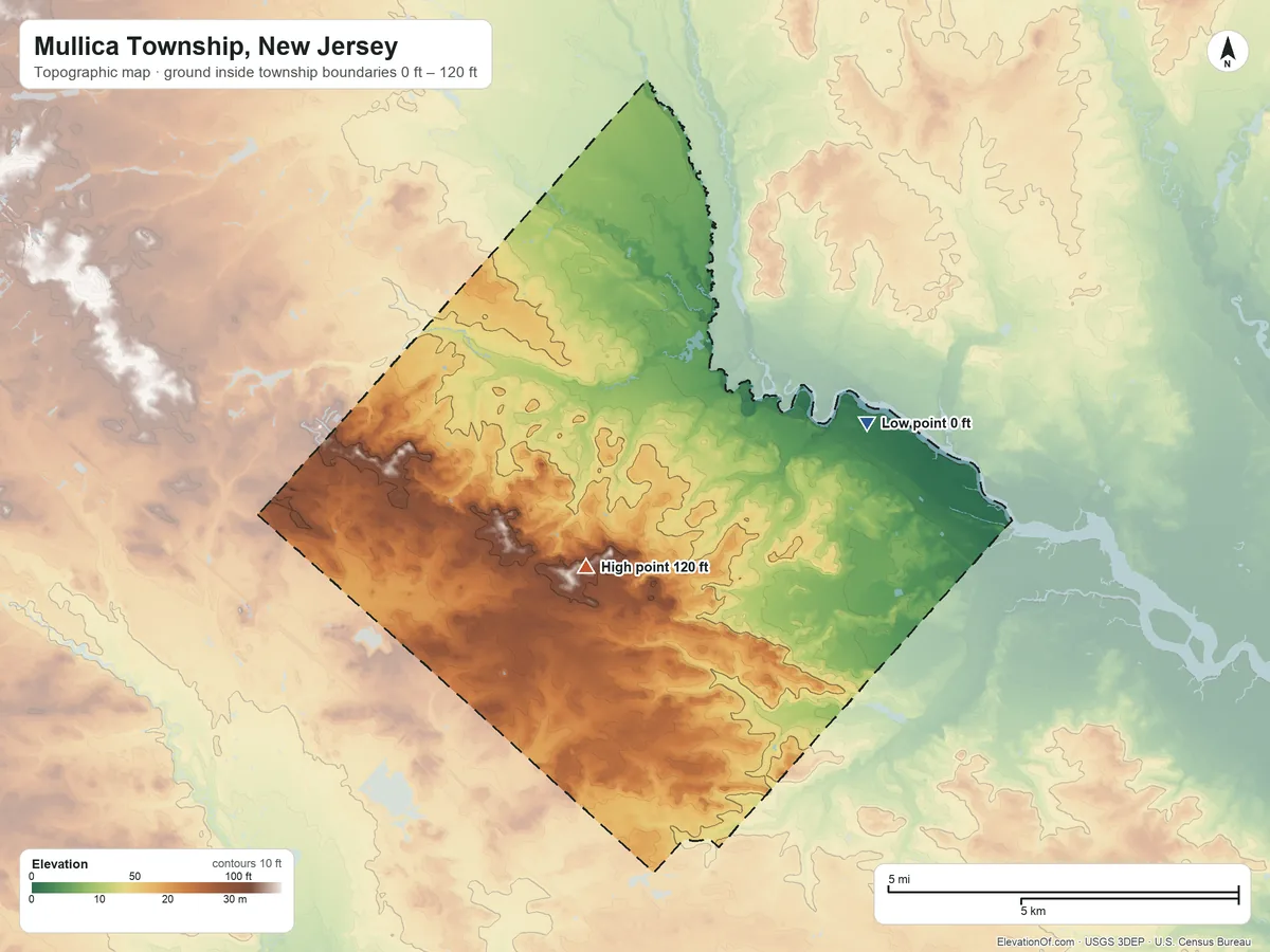Topographic elevation map of Mullica Township, New Jersey, shaded from 0 ft on the northeast side to 120 ft near the middle