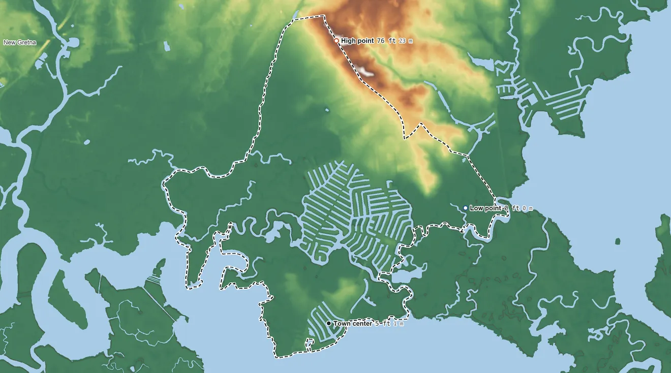 Topographic elevation map of Mystic Island, New Jersey, shaded from sea level level on Little Egg Harbor to 76 ft on the north side
