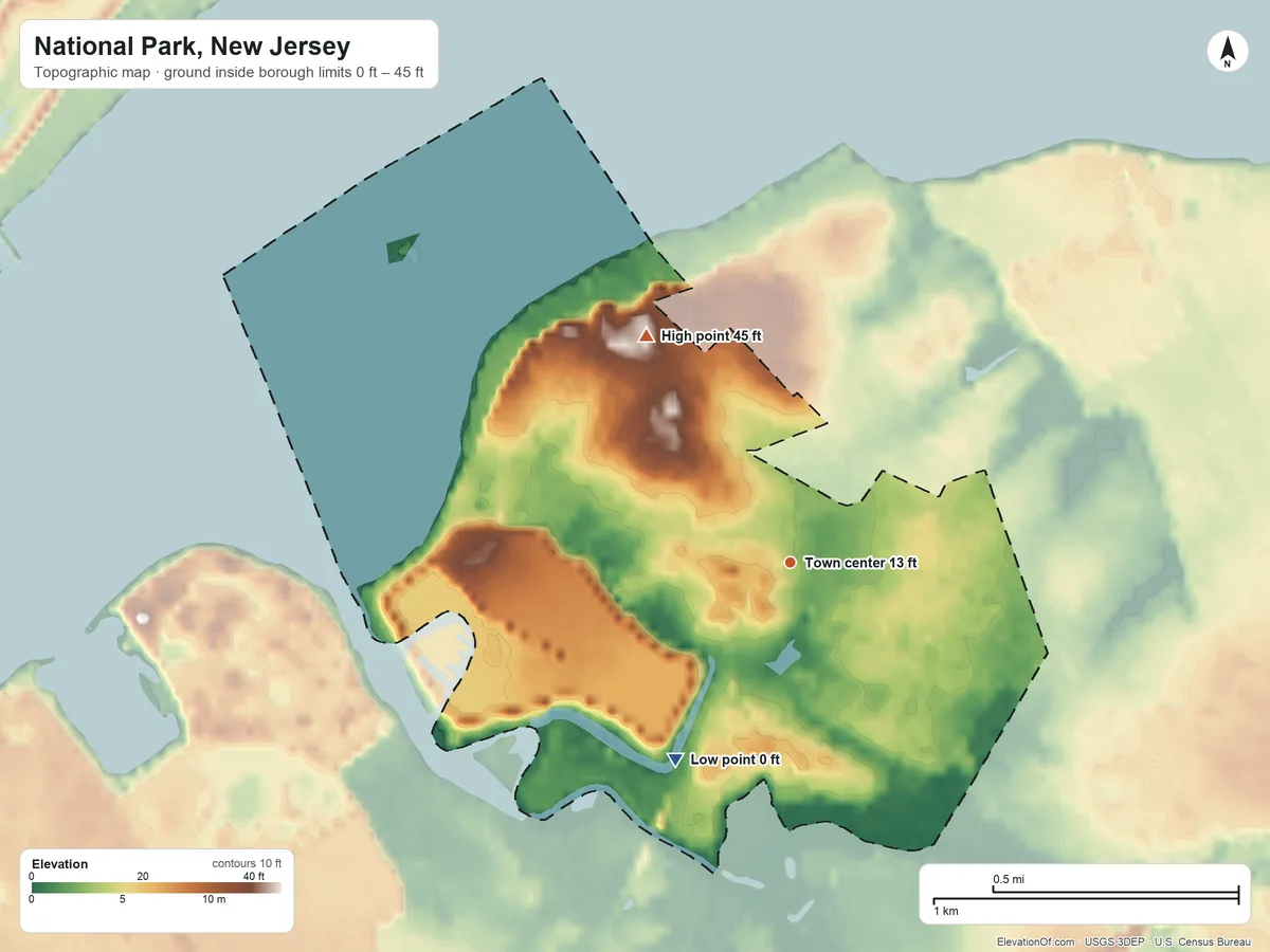 Topographic elevation map of National Park, New Jersey, shaded from 0 ft on the southwest side to 45 ft on the northwest side