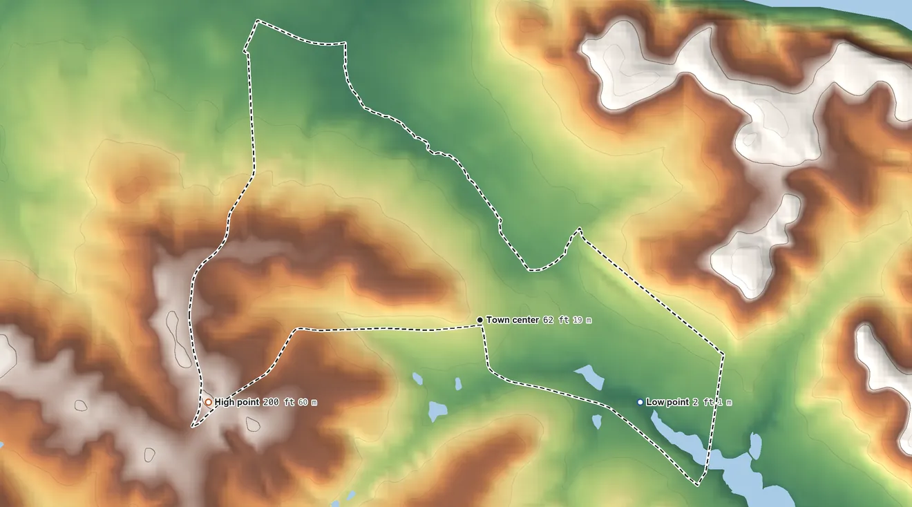 Topographic elevation map of Navesink, New Jersey, shaded from 2 ft on the southeast side to 200 ft on the west side