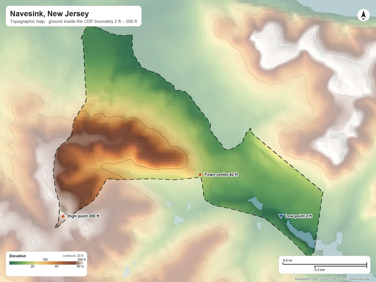 Topographic elevation map of Navesink, New Jersey, shaded from 2 ft on the southeast side to 200 ft on the west side