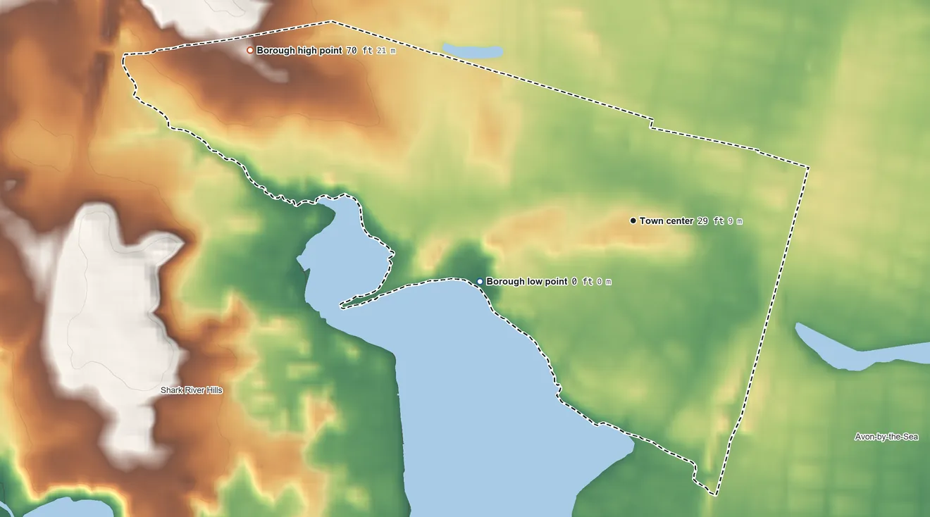 Topographic elevation map of Neptune City, New Jersey, shaded from sea level level on Musquatch Cove to 70 ft on the northwest side