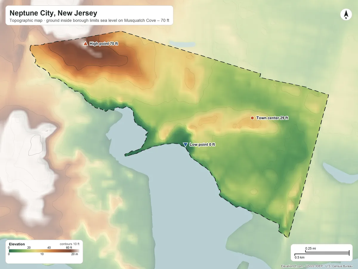 Topographic elevation map of Neptune City, New Jersey, shaded from sea level level on Musquatch Cove to 70 ft on the northwest side