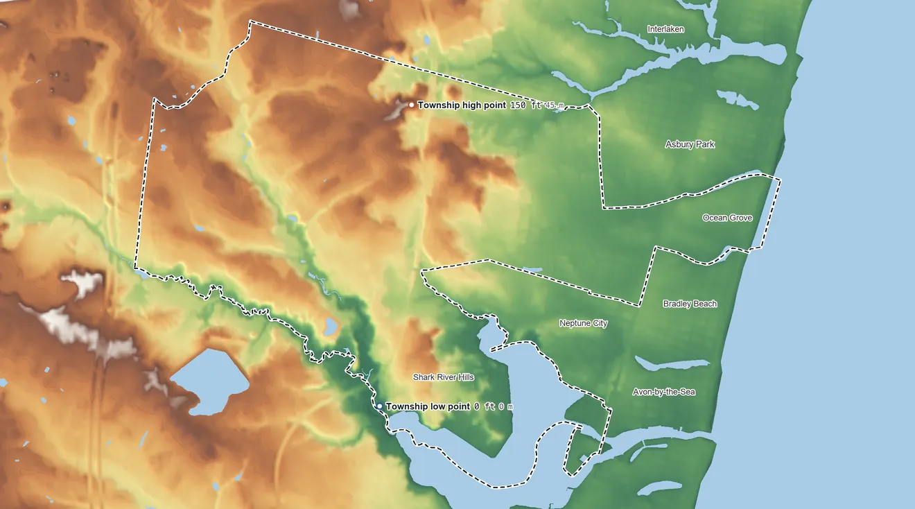 Topographic elevation map of Neptune Township, New Jersey, shaded from sea level level on Musquatch Cove to 150 ft on the north side