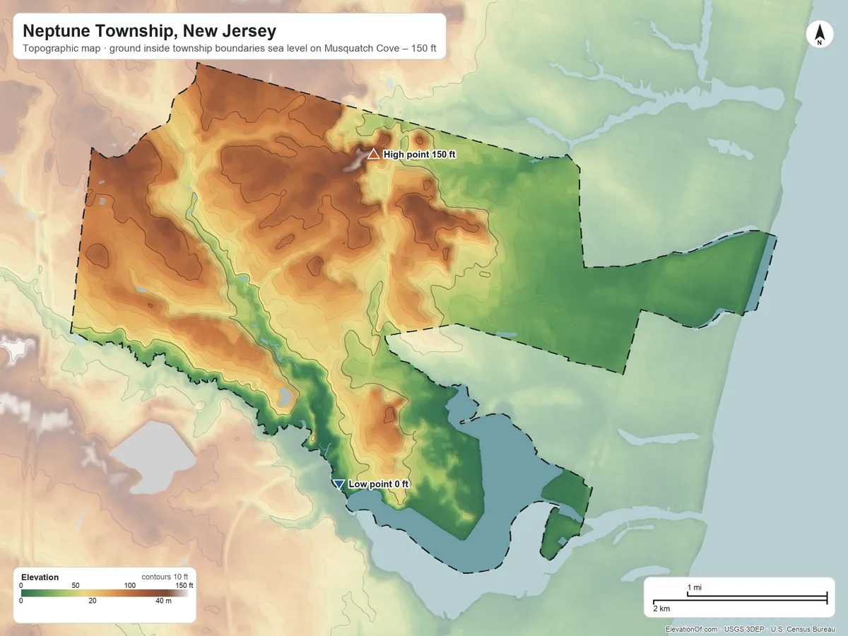 Topographic elevation map of Neptune Township, New Jersey, shaded from sea level level on Musquatch Cove to 150 ft on the north side