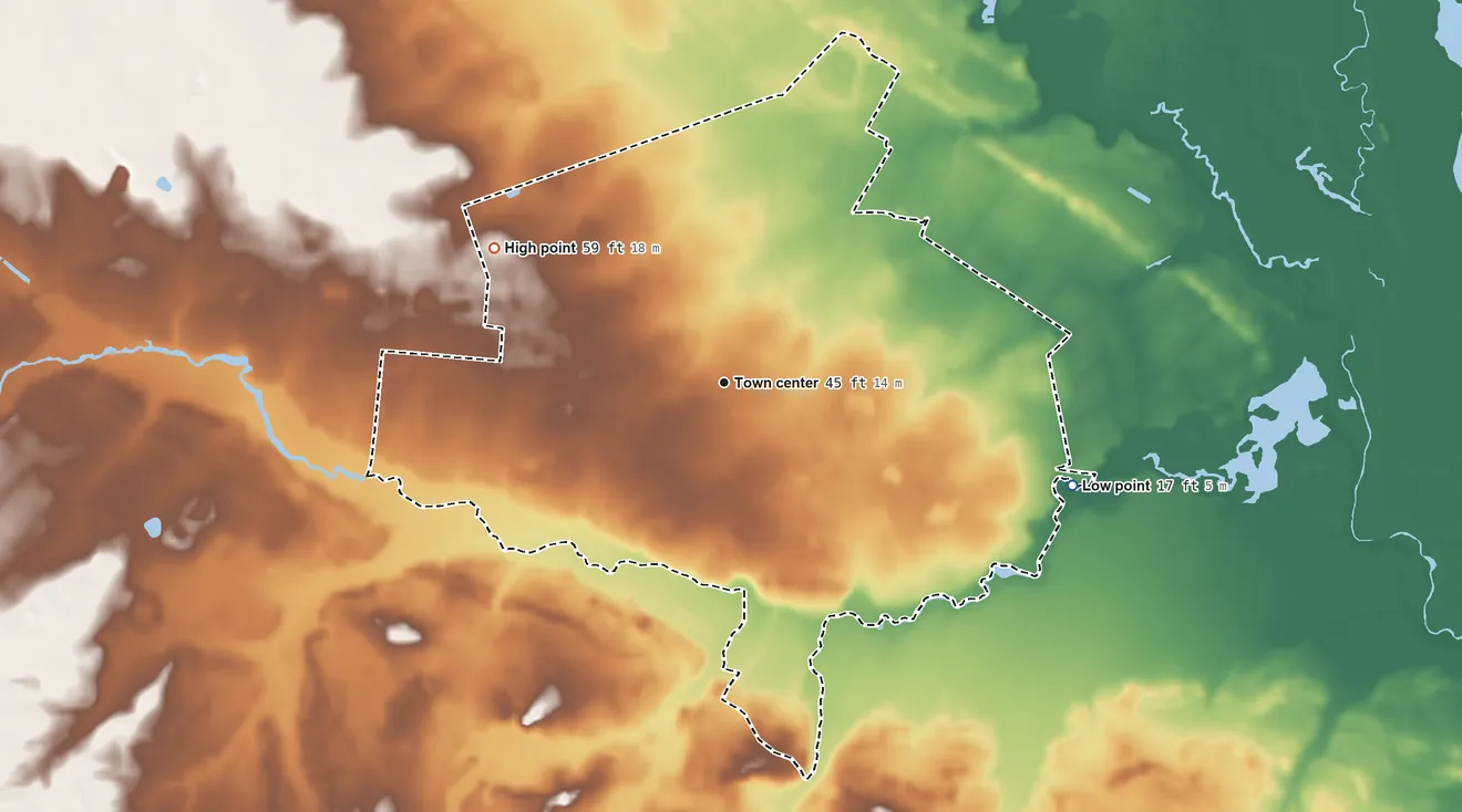 Topographic elevation map of Nesco, New Jersey, shaded from 17 ft on the east side to 59 ft on the northwest side