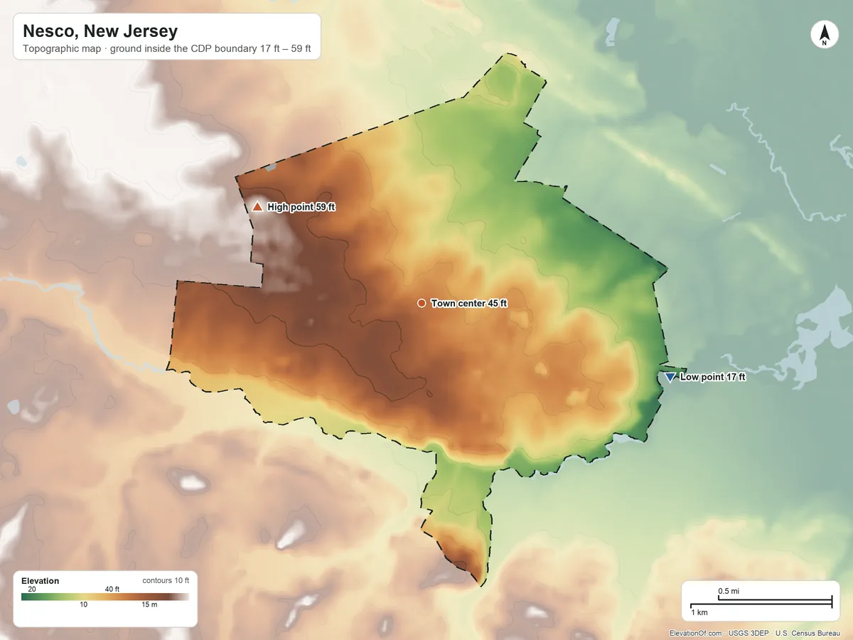 Topographic elevation map of Nesco, New Jersey, shaded from 17 ft on the east side to 59 ft on the northwest side