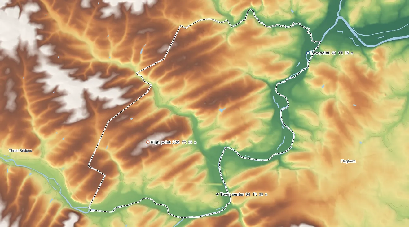 Topographic elevation map of Neshanic Station, New Jersey, shaded from 49 ft on the northeast side to 220 ft on the northwest side