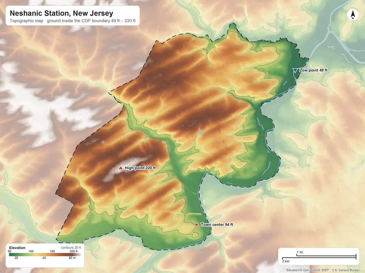 Topographic elevation map of Neshanic Station, New Jersey, shaded from 49 ft on the northeast side to 220 ft on the northwest side